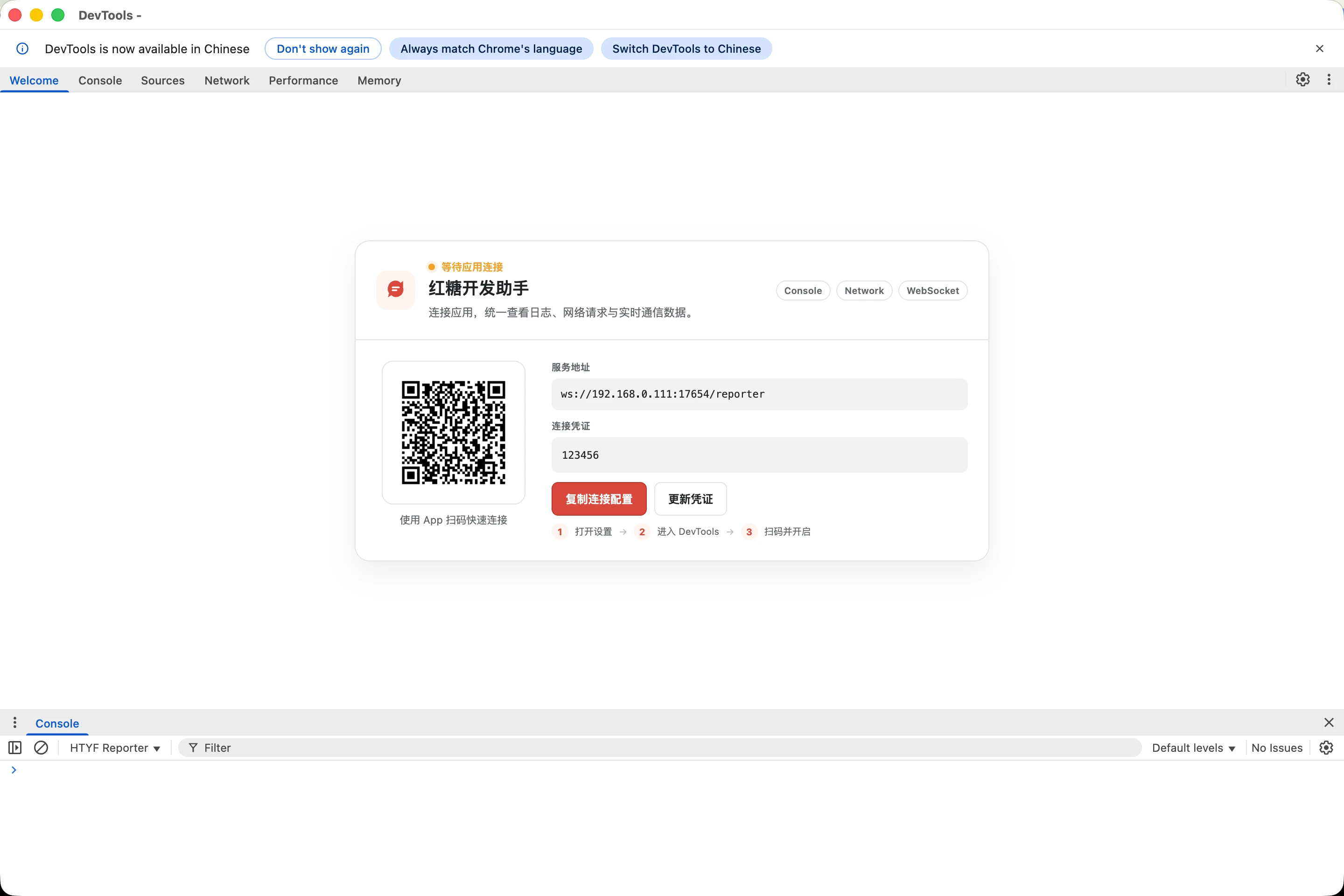 红糖开发助手桌面端 Welcome 页面,展示局域网服务地址、连接凭证和扫码入口